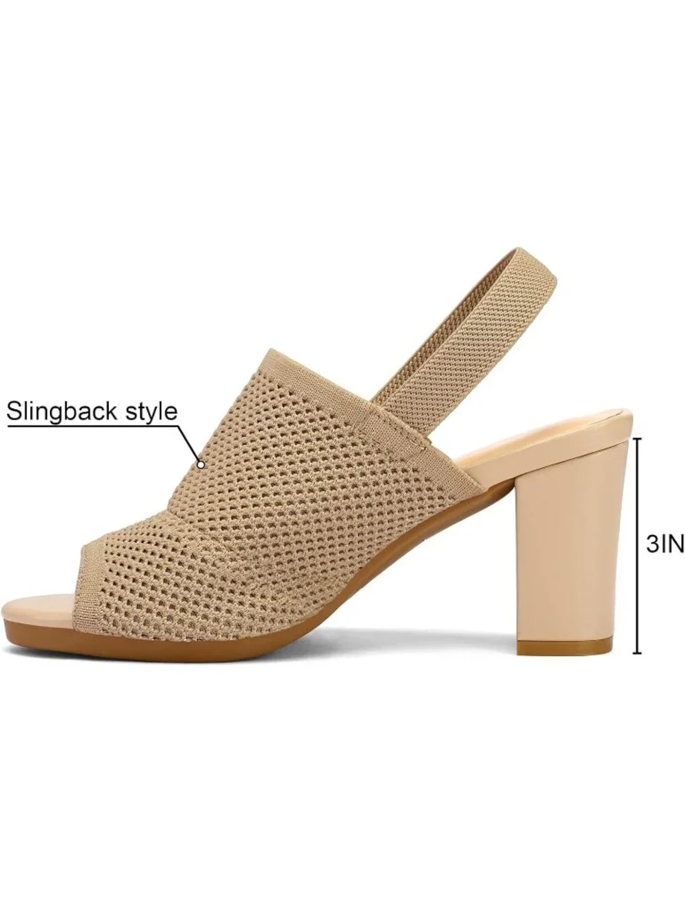 Women's Khaki 3 Inch Knit Chunky Block High Heels Elastic Slingback Open Toe - Picture 4 of 5